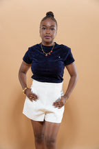 Short Taille Haute Jambes Larges - Blanc/Noir/Marron