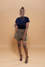 Short Taille Haute Jambes Larges - Blanc/Noir/Marron