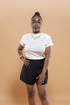 Short Taille Haute Jambes Larges - Blanc/Noir/Marron