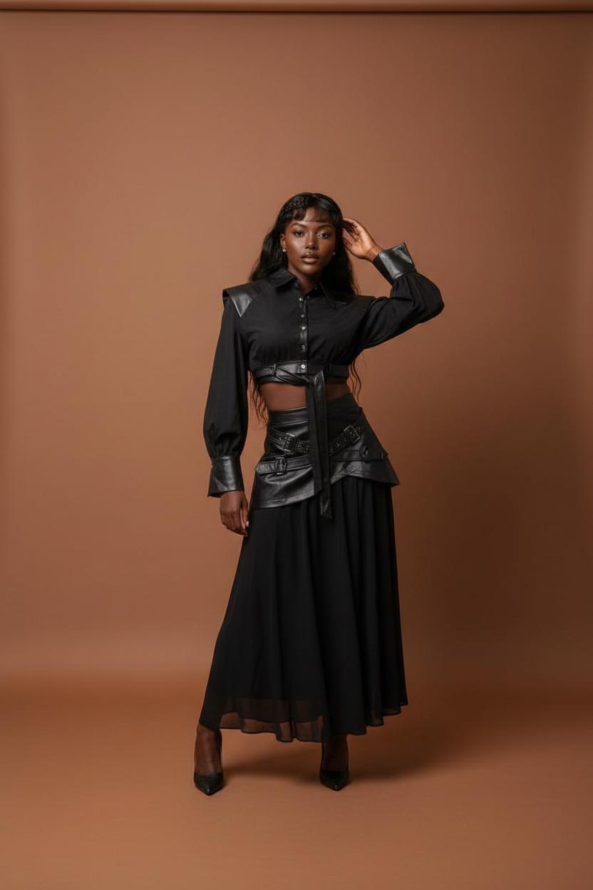 Veste Patchwork Manches Longues Ceinture Noir 