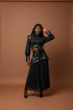 Veste Patchwork Manches Longues Ceinture Noir 