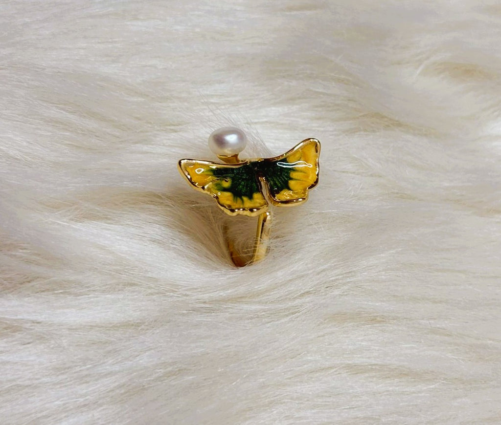 Bague Feuille Ginkgo Jaune-Vert Perles Ajustable Dorée
