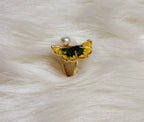 Bague Feuille Ginkgo Jaune-Vert Perles Ajustable Dorée