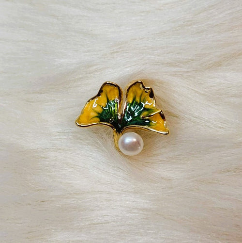 Bague Feuille Ginkgo Jaune-Vert Perles Ajustable Dorée