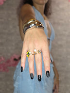 Bague Feuille Ginkgo Jaune-Vert Perles Ajustable Dorée