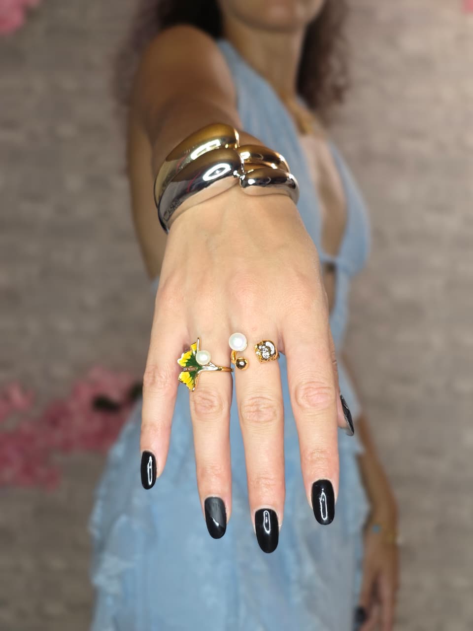 Bague Feuille Ginkgo Jaune-Vert Perles Ajustable Dorée