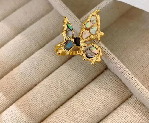 Bague Papillon Nacre Naturelle Ajustable Dorée
