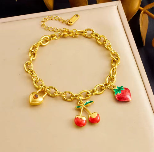 Bracelet Perles Pendentifs Pastèque Cœur Doré