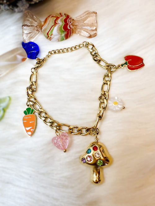 Bracelet Champignon Strass Multicolore Fleur Fruits Doré