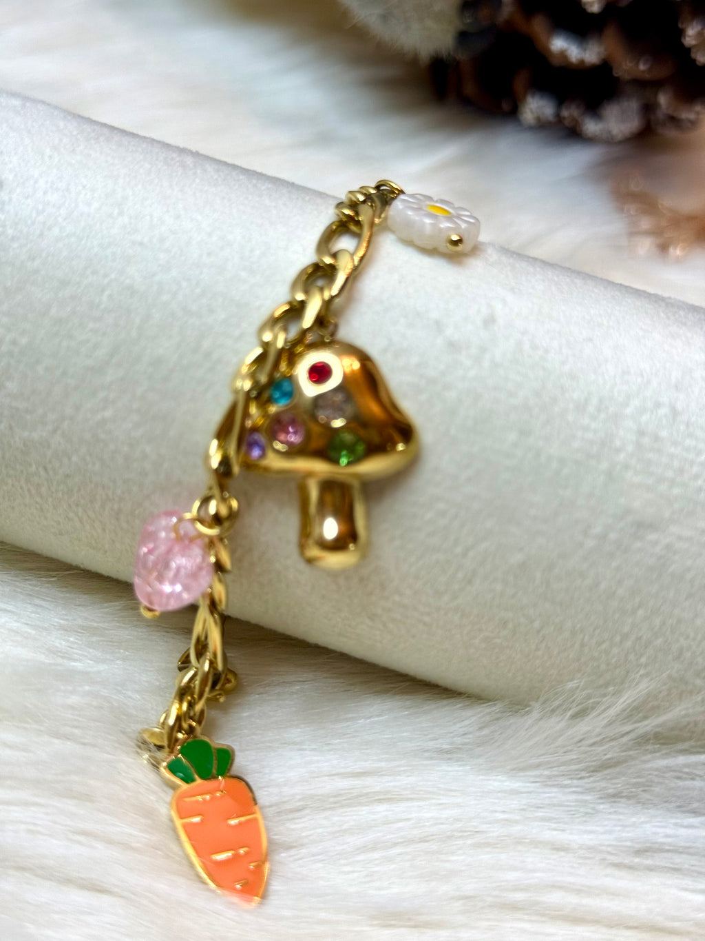 Bracelet Champignon Strass Multicolore Fleur Fruits Doré
