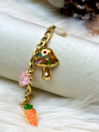Bracelet Champignon Strass Multicolore Fleur Fruits Doré