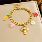 Bracelet Champignon Strass Multicolore Fleur Fruits Doré