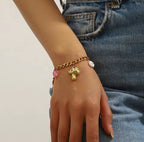 Bracelet Champignon Strass Multicolore Fleur Fruits Doré