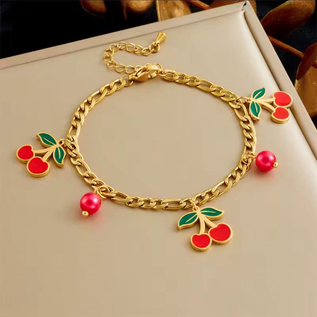 Bracelet Motif Cerise Doré Acier Inoxydable
